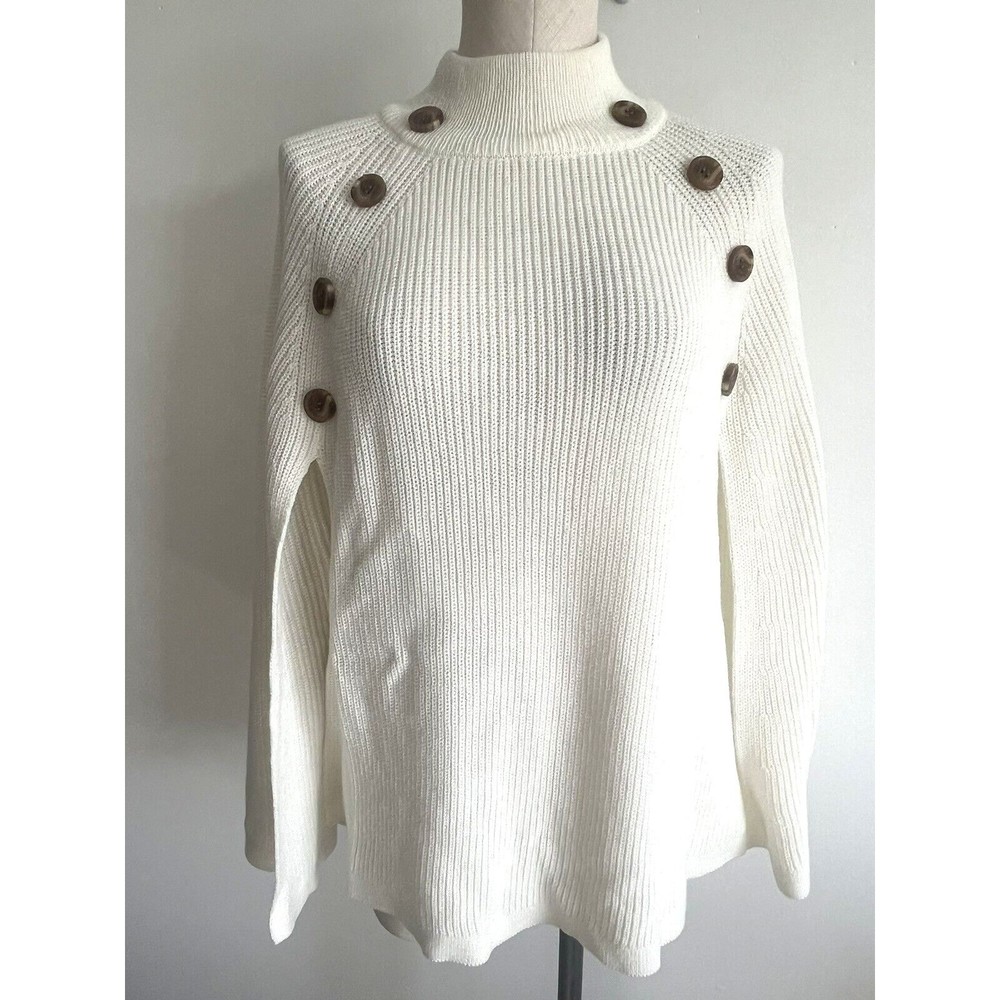Linda Anderson Ribbed Turtleneck Ivory Cape Shawl Poncho Sweater NWOT